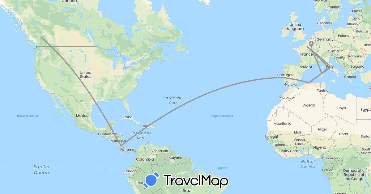 TravelMap itinerary: driving, plane in Canada, Costa Rica, Algeria, France, Italy, Portugal (Africa, Europe, North America)